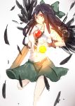  1girl arm_cannon bird_wings black_feathers black_hair black_wings bow collar_up energy energy_ball falling_feathers green_bow green_skirt hair_bow highres kagari6496 looking_at_viewer magic navel open_collar red_eyes reiuji_utsuho shirt short_sleeves simple_background sketch skirt solo touhou weapon white_background white_shirt wings wristband 