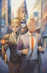  3boys alternate_costume bald belt black_sclera blonde_hair bow bowtie building city clouds cyborg formal genos hair_slicked_back hand_in_pocket handheld_game_console hands_in_pockets kakiman king_(one-punch_man) lens_flare long_sleeves looking_at_viewer male_focus multiple_boys necktie one-punch_man open_mouth saitama_(one-punch_man) short_hair signature sky skyscraper sparkle suit watch watch yellow_eyes 