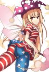 1girl american_flag_legwear american_flag_shirt ass blonde_hair clownpiece collar fairy_wings frilled_collar frills hat janne_cherry jester_cap long_hair looking_at_viewer looking_back pantyhose polka_dot red_eyes shirt short_sleeves solo star striped torch touhou very_long_hair wings 