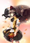  1girl autumn_leaves bird black_skirt black_wings brown_hair crow expressionless fan feathered_wings frilled_skirt frills hand_up hat leaf_print light_particles ookashippo pink_background shameimaru_aya shirt short_hair short_sleeves skirt solo thighs tokin_hat touhou white_shirt wings 