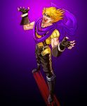  1boy blonde_hair blood blood_from_mouth bloody_clothes boots brown_boots brown_gloves c-7_(assate) dio_brando evil_smile fangs fingerless_gloves full_body gloves gradient gradient_background hands_up jojo_no_kimyou_na_bouken male_focus muscle open_mouth purple_background purple_scarf red_eyes scarf smile solo 