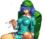  &gt;:) 1girl backpack bag blue_eyes blue_hair breasts commentary_request hair_bobbles hair_ornament hat kawashiro_nitori key large_breasts looking_at_viewer pocket screwdriver short_hair skirt skirt_set smile solo temmasa22 touhou twintails two_side_up white_background wrench 