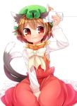  1girl :3 animal_ears brown_eyes brown_hair cat_ears cat_tail chen closed_mouth commentary_request green_hat hat highres ibarashiro_natou jewelry long_sleeves mob_cap multiple_tails nekomata short_hair single_earring solo string_phone tail touhou two_tails 