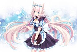  1girl :d animal_ears apron artist_name bell blue_eyes cat_ears cat_tail cleavage_cutout collarbone flat_chest frilled_apron frills highres holding_tray jingle_bell long_hair looking_at_viewer low_twintails maid maid_headdress nekopara open_mouth puffy_short_sleeves puffy_sleeves sasucchi95 short_sleeves smile solo tail tray twintails vanilla_(sayori) very_long_hair waist_apron waitress waving white_hair wrist_cuffs 