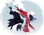  1girl alternate_costume blue_hair coat commentary_request darkrai eye_contact hair_ornament hairclip hat hikari_(pokemon) looking_at_another pokemon pokemon_(creature) pokemon_(game) pokemon_dppt scarf shared_scarf thigh-highs winter_clothes winter_coat ynmr35 