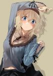  1girl alice_margatroid arm_over_head arm_up blonde_hair blouse blue_eyes blush breasts closed_mouth curly_hair dress fingerless_gloves fingernails geppewi gloves hair_between_eyes hairband jewelry long_sleeves looking_at_viewer ring short_hair simple_background skirt solo touhou 