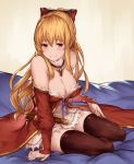  1girl arm_support bare_shoulders blonde_hair blush bow breasts cleavage dress granblue_fantasy hair_bow large_breasts lialight long_hair looking_at_viewer official_style ponytail red_eyes sitting smile solo thigh-highs vira yokozuwari 