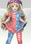  1girl american_flag_legwear american_flag_shirt blonde_hair blush clownpiece collar fairy_wings frilled_collar frills hat highres ichiba_youichi jester_cap lifted_by_self long_hair looking_at_viewer open_mouth pantyhose pink_eyes polka_dot shirt shirt_lift short_sleeves solo standing star striped teeth touhou very_long_hair wings 