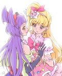  2girls asahina_mirai bare_shoulders blonde_hair blush bracelet chocokin cure_magical cure_miracle earrings elbow_gloves gloves hair_ribbon hairband hat heart holding_hands interlocked_fingers izayoi_liko jewelry lipstick long_hair mahou_girls_precure! makeup mini_hat mini_witch_hat multiple_girls one_side_up parted_lips precure purple_hair red_eyes ribbon violet_eyes witch_hat 