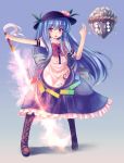  1girl bad_hands blue_hair boots bow cross-laced_footwear floating_rock food fruit full_body glowing glowing_sword glowing_weapon hat highres hinanawi_tenshi long_hair looking_at_viewer open_mouth peach puffy_short_sleeves puffy_sleeves rope shimenawa shirt short_sleeves skirt solo sword_of_hisou t.m_(aqua6233) touhou very_long_hair weapon 