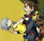  2boys :o armor black_shirt blue_eyes brown_hair child cowboy_shot grey_hair kingdom_hearts kingdom_hearts_birth_by_sleep male_focus messy_hair multiple_boys ninomoto riku shirt size_difference smile terra_(kingdom_hearts) yellow_background yellow_shirt younger 