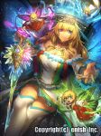  1girl ass bare_shoulders blue_eyes breasts butterfly_wings cleavage commentary_request crystal_sword curtsey dragon_tactics dress fairy foreshortening heterochromia large_breasts long_hair long_sleeves looking_at_viewer multicolored_dress off_shoulder official_art original reaching_out red_eyes sidelocks sitting smile sword temmasa22 thigh-highs tiara weapon white_legwear wings 