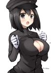  1girl akitsu_maru_(kantai_collection) black_eyes black_hair black_hat breasts cleavage_cutout don_(29219) from_side gloves hat kantai_collection large_breasts looking_at_viewer military military_uniform open_mouth peaked_cap short_hair solo unbuttoned uniform upper_body wardrobe_malfunction white_gloves 