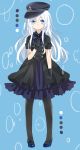 1girl :o alternate_costume anchor_symbol arm_at_side black_dress black_gloves black_hat black_legwear blue_background blue_bow blue_bowtie blue_eyes blue_shoes blush bow bowtie buttons color_palette double-breasted dress flat_cap flats full_body gloves hair_between_eyes hand_on_own_chest hat hibiki_(kantai_collection) highres kantai_collection layered_dress long_hair looking_at_viewer mary_janes pantyhose parted_lips puffy_short_sleeves puffy_sleeves shijima_(sjmr02) shoes short_sleeves simple_background solo standing tareme white_hair 