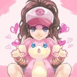  1girl :o arm_holding audino baseball_cap blue_eyes blush_stickers brown_hair chiko_(d04099) closed_mouth denim denim_shorts hat heart long_hair looking_at_viewer outstretched_arms pink pink_background pokemon pokemon_(creature) pokemon_(game) pokemon_bw shade shorts sitting smile spread_arms touko_(pokemon) 