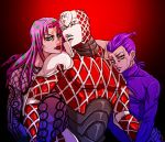  2boys c-7_(assate) diavolo fishnets freckles green_eyes jojo_no_kimyou_na_bouken king_crimson_(stand) lipstick long_hair makeup male_focus multiple_boys orange_eyes pink_hair purple_hair red_lipstick ribbed_sweater smile stand_(jojo) sweater upper_body vinegar_doppio 