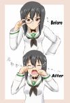  1girl adjusting_monocle before_and_after black_eyes black_hair blush choker closed_eyes crying flying_teardrops girls_und_panzer hair_between_eyes kawashima_momo long_sleeves monocle multiple_views neckerchief open_mouth pink_border school_uniform serafuku serious short_hair sketch sync_(id_12519877) tears upper_body white_background white_blouse 