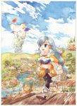  1girl black_legwear blue_hair breasts cleavage clouds commentary_request eggru final_fantasy final_fantasy_crystal_chronicles green_eyes long_hair moogle open_mouth river sandals selkie sky smile solo traditional_media watercolor_(medium) 
