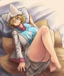  1girl barefoot bed blonde_hair blush breasts chanta_(ayatakaoisii) dress dress_lift eyebrows eyebrows_visible_through_hair fox_tail hair_between_eyes hat highres large_breasts legs long_sleeves looking_to_the_side lying multiple_tails panties pantyshot pantyshot_(lying) pillow pillow_hat short_hair side_glance slit_pupils smile solo sweatdrop tabard tail thighs toes touhou underwear white_dress wide_sleeves yakumo_ran yellow_eyes 