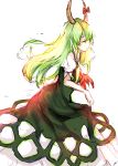  1girl bloom bow closed_eyes curtsey dress ex-keine from_side green_dress green_hair highres horn_bow horns kagari6496 kamishirasawa_keine long_hair red_bow simple_background sketch solo touhou very_long_hair white_background 