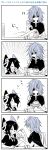  2girls annoyed cake comic cup eating expressive_clothes eyepatch feeding food fruit hair_over_one_eye headgear highres kaga3chi kantai_collection kiso_(kantai_collection) monochrome multiple_girls sitting strawberry teacup tenryuu_(kantai_collection) translation_request 