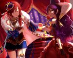  2girls bow bowing crown curtains dress flower fur_trim garter_straps garters gloves green_eyes highres junjun_(kimi-la) love_live!_school_idol_festival love_live!_school_idol_project multiple_girls nishikino_maki one_eye_closed outstretched_arm puffy_short_sleeves puffy_sleeves purple_hair redhead rose short_sleeves smile stairs throne toujou_nozomi violet_eyes 