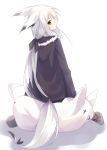  1girl animal_ears animal_hood black_jacket boots fox_ears fox_tail hood hooded_jacket jacket long_hair looking_at_viewer looking_back original shio_(shia-ushio) simple_background sitting solo tail white_background white_hair yellow_eyes 