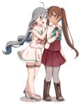  2girls ahoge bare_legs blue_eyes blue_hair boots bow bowtie brown_hair cosplay costume_switch dress grey_eyes grey_hair hair_ribbon hands_on_another&#039;s_shoulders highres kantai_collection kiyoshimo_(kantai_collection) kiyoshimo_(kantai_collection)_(cosplay) libeccio_(kantai_collection) libeccio_(kantai_collection)_(cosplay) long_hair looking_at_viewer low_twintails multicolored_hair multiple_girls neckerchief open_mouth pantyhose pleated_skirt ribbon riz_(ravel_dc) sailor_dress school_uniform serafuku skirt skirt_hold sleeveless sleeveless_dress thigh_strap twintails twitter_username 