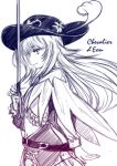 1boy androgynous belt capelet fate/grand_order fate_(series) flower frills grimjin hat hat_feather hat_flower hatching_(texture) highres holding holding_weapon le_chevalier_d&#039;eon_(fate/grand_order) long_hair monochrome navel navel_cutout otoko_no_ko rapier sidelocks solo sword weapon 
