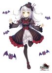  1girl bat black_legwear blush bow dress full_body gothic_lolita grand_harem hat lolita_fashion long_hair long_sleeves looking_at_viewer mary_janes official_art open_mouth original pantyhose pokachu shoes silver_hair simple_background smile solo top_hat twintails white_background yellow_eyes 