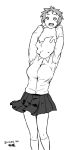  1girl 2015 :d arms_up blouse blush_stickers breasts dated demi-chan_wa_kataritai disembodied_head dullahan fire holding_head large_breasts machi_kyouko monochrome open_mouth short_hair skirt smile solo tsukudani_(coke-buta) 