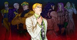  adjusting_necktie black_eyes blonde_hair blue_eyes c-7_(assate) crossed_arms diavolo dio_brando dual_persona enrico_pucci evil_smile formal from_behind funny_valentine gloves green_eyes headband horns jojo_no_kimyou_na_bouken kars_(jojo) kira_yoshikage lipstick long_hair makeup muscle necktie pink_hair purple_hair purple_lipstick red_eyes smile steel_ball_run suit wavy_hair white_gloves white_hair yellow_eyes 