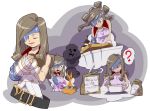  06erunium 1girl apron beatrix belt blue_eyes breasts brown_hair chocolate chocolate_heart cleavage cooking eyepatch final_fantasy final_fantasy_ix fire gloves heart highres long_hair smoke solo sword upper_body weapon 