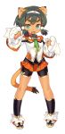  1girl :3 :d absurdres animal_ears aqua_eyes armpits bangs bike_shorts blade_(galaxist) blush cat_print clenched_hands dark_skin eyebrows fang fighting_stance full_body fur_trim green_hair hair_ornament hair_tubes hairband hannah_blaze happy highres legs_apart long_sleeves looking_at_viewer miniskirt official_art open_mouth parted_bangs paws pleated_skirt pop-up_story short_eyebrows short_hair_with_long_locks shorts_under_skirt sidelocks simple_background skirt small_breasts smile solo standing tail thick_eyebrows tiger_ears tiger_tail transparent_background |_| 