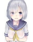  1girl blue_eyes breast_rest breasts eyes_visible_through_hair hair_ornament hair_over_one_eye hairclip hamakaze_(kantai_collection) kantai_collection large_breasts looking_at_viewer neckerchief neku_(neku_draw) no_gloves open_mouth school_uniform serafuku short_hair short_sleeves silver_hair solo sweatdrop upper_body white_background 