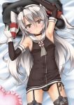  1girl :o adapted_costume amatsukaze_(kantai_collection) armpits arms_up ass ass_visible_through_thighs bare_shoulders black_hair black_panties blush brown_dress brown_eyes buttons choker detached_sleeves dress garter_straps gloves hair_between_eyes hair_tubes highres kantai_collection lifebuoy long_hair long_sleeves looking_at_viewer lying on_back panties pillow red_legwear roura sailor_collar sailor_dress short_dress side-tie_panties silver_hair single_glove sleeveless sleeveless_dress solo thigh-highs thigh_gap thighs two_side_up underwear white_gloves windsock 