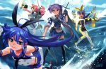  4girls :3 ahoge animal_ears black_panties blue_eyes blue_hair bow_(weapon) cosplay doyora elbow_gloves fake_animal_ears firing glasses gloves green_eyes hair_ornament hair_ribbon hairband hairclip highleg highleg_panties hiiragi_kagami hiiragi_tsukasa izumi_konata japanese_clothes kaga_(kantai_collection) kaga_(kantai_collection)_(cosplay) kantai_collection long_hair lucky_star mole multiple_girls muneate myoukou_(kantai_collection) myoukou_(kantai_collection)_(cosplay) open_mouth panties pantyhose pink_hair purple_hair ribbon running running_on_water school_uniform serafuku shimakaze_(kantai_collection) shimakaze_(kantai_collection)_(cosplay) short_hair siblings side_ponytail sisters skirt standing standing_on_liquid striped striped_legwear takara_miyuki thigh-highs tsurime twins underwear weapon white_gloves white_legwear yugake 