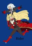  2girls anger_vein anne_bonny_(fate/grand_order) blonde_hair breasts carrying cleavage fate/grand_order fate_(series) grimjin highres mary_read_(fate/grand_order) multiple_girls outstretched_arms pantyhose pirate scar shoulder_carry twintails white_hair 