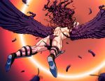  1boy c-7_(assate) feathered_wings feathers flying from_behind jojo_no_kimyou_na_bouken kars_(jojo) loincloth long_hair male_focus purple_hair shin_guards solo wings 