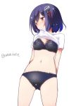  1girl black_hair blush bra breasts brown_eyes haguro_(kantai_collection) hair_ornament kantai_collection looking_to_the_side mouth_hold nanasuke navel panties shirt_lift short_hair short_sleeves solo standing twitter_username underwear white_background 