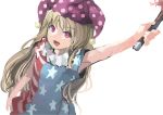  1girl american_flag_dress bare_arms blonde_hair clownpiece hat ichiba_youichi jester_cap long_hair looking_at_viewer open_mouth outstretched_arm pink_eyes smile solo torch touhou upper_body very_long_hair 