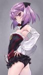 1girl armpits ass detached_sleeves fate/grand_order fate_(series) flat_chest from_side hands_on_hips helena_blavatsky_(fate/grand_order) highres light_smile matsuryuu purple_hair short_hair skirt small_breasts solo violet_eyes 