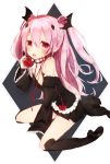  1girl apple bare_shoulders bat_wings biting black_boots black_dress black_legwear boots detached_sleeves dress eating fang food frilled_sleeves frills fruit gijxgij head_wings highres holding holding_fruit krul_tepes long_hair looking_at_viewer mini_wings open_mouth owari_no_seraph pink_hair pointy_ears red_eyes red_ribbon ribbon short_dress sitting sleeveless sleeveless_dress solo teeth thigh-highs thigh_boots very_long_hair wariza wings 