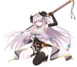  1girl bare_shoulders blue_eyes elbow_gloves fuotchan gloves granblue_fantasy horns katana kneeling lavender_hair narumeia_(granblue_fantasy) pointy_ears single_thighhigh solo sword thigh-highs thigh_strap weapon 