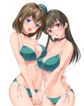  2girls beret bikini black_hair blue_eyes blush breast_press breasts brown_hair choukai_(kantai_collection) collarbone cowboy_shot front-tie_bikini front-tie_top glasses hair_ornament hairclip hat hobenkei holding_hands kantai_collection large_breasts long_hair looking_at_viewer maya_(kantai_collection) multiple_girls navel open_mouth red_eyes rimless_glasses short_hair side-tie_bikini simple_background string_bikini swimsuit white_background 