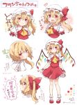  1girl :3 ascot blonde_hair blush bow character_sheet clown_222 color_guide doyagao dress face flandre_scarlet full_body hair_bow hat hat_bow head_tilt heart looking_at_viewer mob_cap no_hat open_mouth pink_eyes portrait pout puffy_short_sleeves puffy_sleeves red_dress shirt short_sleeves side_ponytail smile smirk solo touhou translated wings 