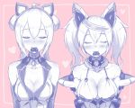  2d 2girls bangs blush breasts chocolate chocolate_heart cleavage closed_eyes gene_(pso2) heart innocent_cluster large_breasts limited_palette matoi_(pso2) mouth_hold multicolored_hair multiple_girls phantasy_star phantasy_star_online_2 streaked_hair twintails 