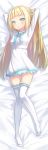  1girl arms_behind_head ass_visible_through_thighs blonde_hair dakimakura green_eyes highres long_hair lying on_back on_bed shingo_(missing_link) solo thigh-highs 