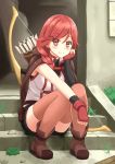  1girl arrow bangs bow_(weapon) braid bush closed_mouth eyebrows eyebrows_visible_through_hair fingerless_gloves gloves grass hai_to_gensou_no_grimgar hair_between_eyes hair_over_shoulder highres kurisu-kun long_hair looking_at_viewer plant quiver red_eyes red_gloves redhead rock shorts single_braid sitting sleeveless smile solo stairs thigh-highs wall weapon yume_(grimgar) 