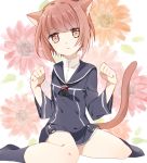  1girl anchor animal_ears bangs brown_eyes brown_hair cat_ears cat_tail dress flower kantai_collection kemonomimi_mode kriegsmarine long_sleeves looking_at_viewer navy_blue_legwear no_hat parted_lips paw_pose sailor_collar sailor_dress shijima_(sjmr02) short_hair simple_background socks solo tail uniform z3_max_schultz_(kantai_collection) 